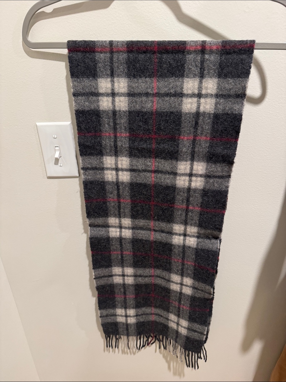 Cozy Plaid Fringe Scarf in Charcoal, White & Burgundy